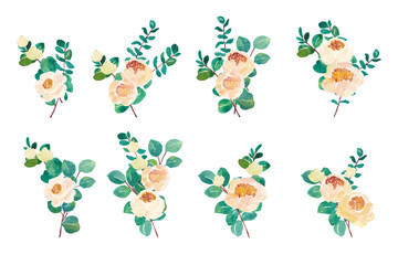 Watercolor flowers white peony with eucalyptus bouquet arrangement for wedding invitation decoration