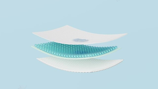 3d animation absorbent layer and arrow ventilate shows with synthetic fiber hair, water droplets for diapers, sanitary napkin, baby diaper adult concept, 3d render illustration