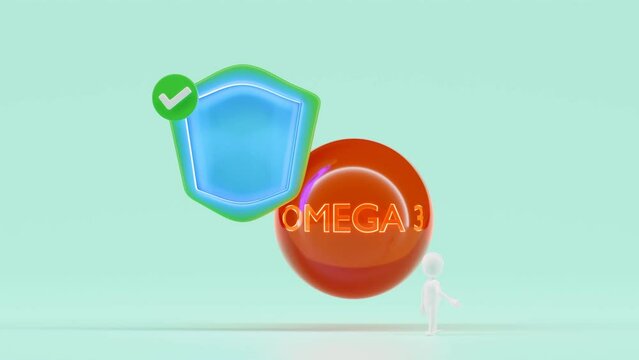 3d protect your health with omega 3 fatty acids, shield icon, stick man miniature, checkmark, The vitamins your body needs concept, isolated on green background. 3d animation