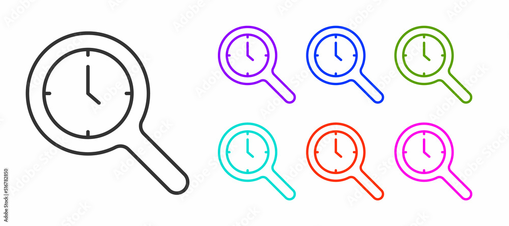 Poster black line magnifying glass with clock icon isolated on white background. clock search. set icons co