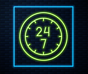 Glowing neon line Clock 24 hours icon isolated on brick wall background. All day cyclic icon. 24 hours service symbol. Vector