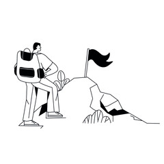 Vector flat lineart Leadership concept sketch. Climber with flag conquering top of mountain,way up, high in the mountains. trendy illustration