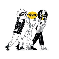 Vector illustration with hand-lettering phrase banner. three happy women of different nationalities, cultures standing together girl power and feminist movement. concept for prints, t-shirts, cards.