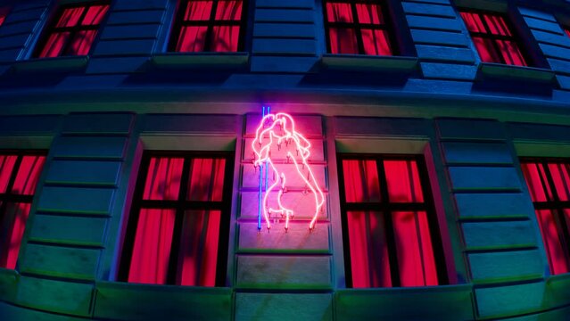 Dark female dancer silhouettes at the red windows. Men's nightclub, strip club.