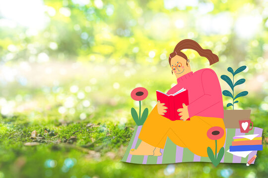 Illustration of people relax satisfaction life woman reading a book at outdoor nature garden