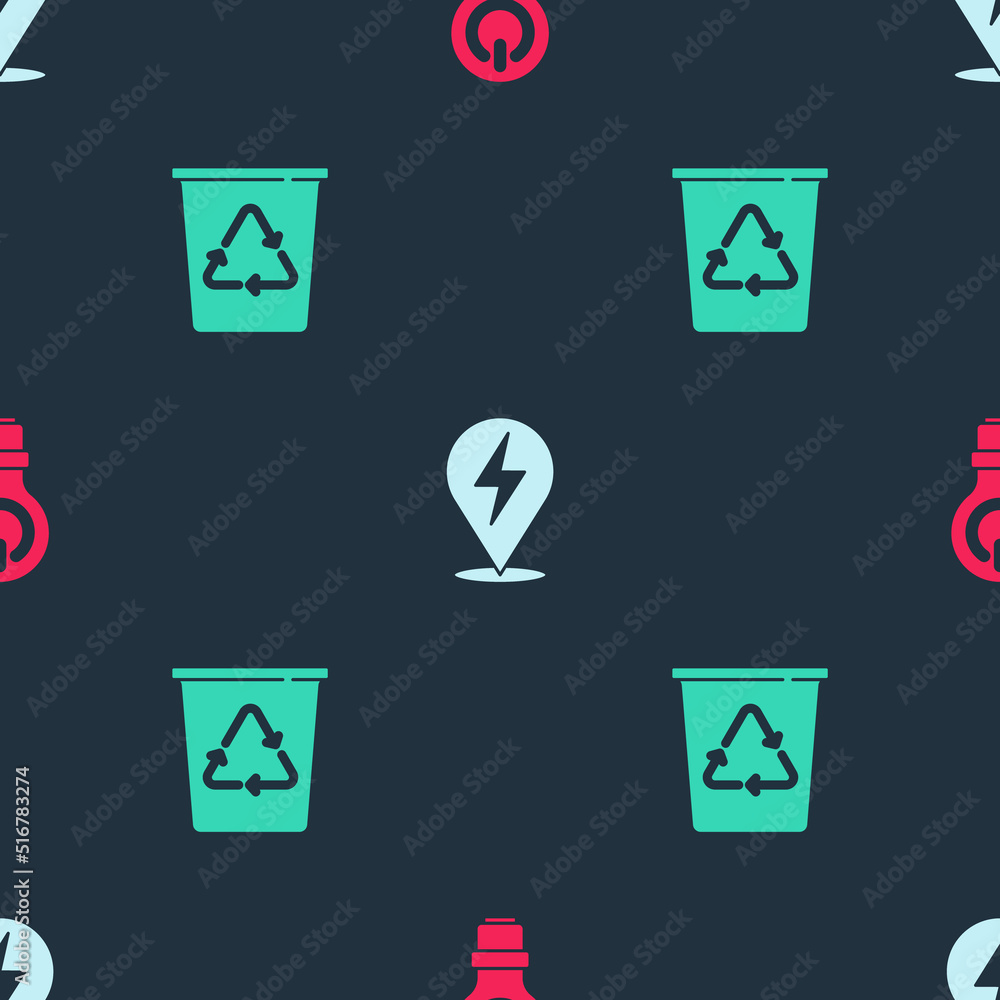 Poster set light bulb with lightning, lightning bolt and recycle bin recycle on seamless pattern. vector