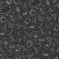 Seamless vector illustration with school supplies in doodle style for textile fabrics, wrapping paper and wallpaper design for websites. Vector illustration on black background.