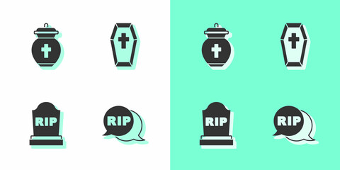 Set Speech bubble rip death, Funeral urn, Tombstone with RIP written and Coffin cross icon. Vector