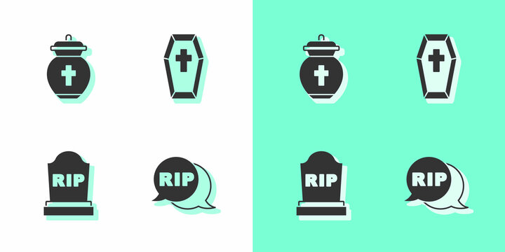 Set Speech Bubble Rip Death, Funeral Urn, Tombstone With RIP Written And Coffin Cross Icon. Vector