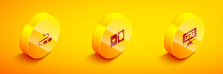 Set Isometric Cigar, Deck of playing cards and Online slot machine with jackpot icon. Vector