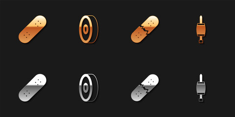 Set Skateboard, ball bearing, Broken skateboard deck and Screwdriver icon. Vector