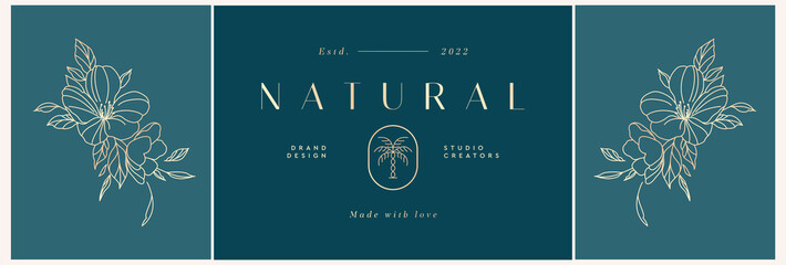 Set of logo design templates in trendy linear style in gold tones. Dawn with flowers - luxury and jewelry concepts for exclusive services and products, beauty and spa industry