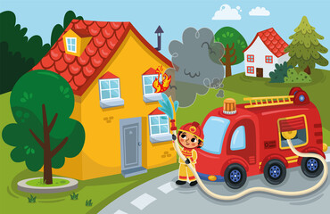 Obraz na płótnie Canvas Firefighter trying to put out the fire in the house. Vector illustration.