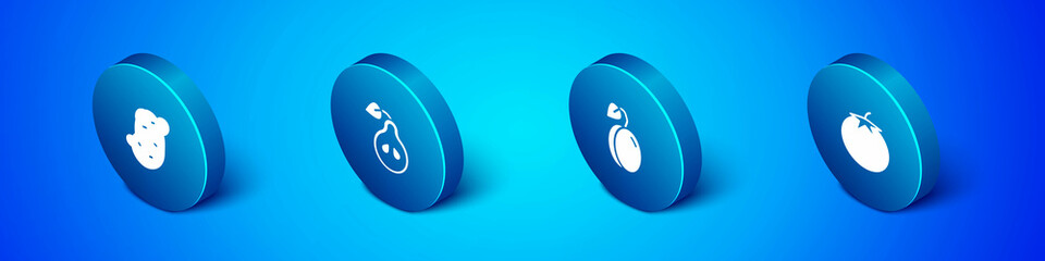 Set Isometric Potato, Plum fruit, Tomato and Pear icon. Vector