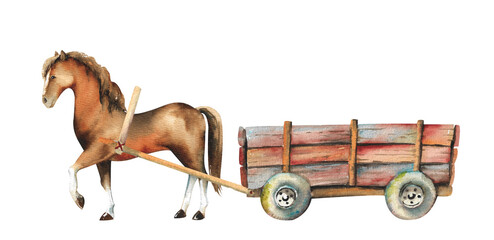 Watercolor wooden wagon. An old wooden empty cart with a horse harness © Eva Kleinman