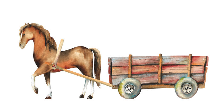 Watercolor wooden wagon. An old wooden empty cart with a horse harness