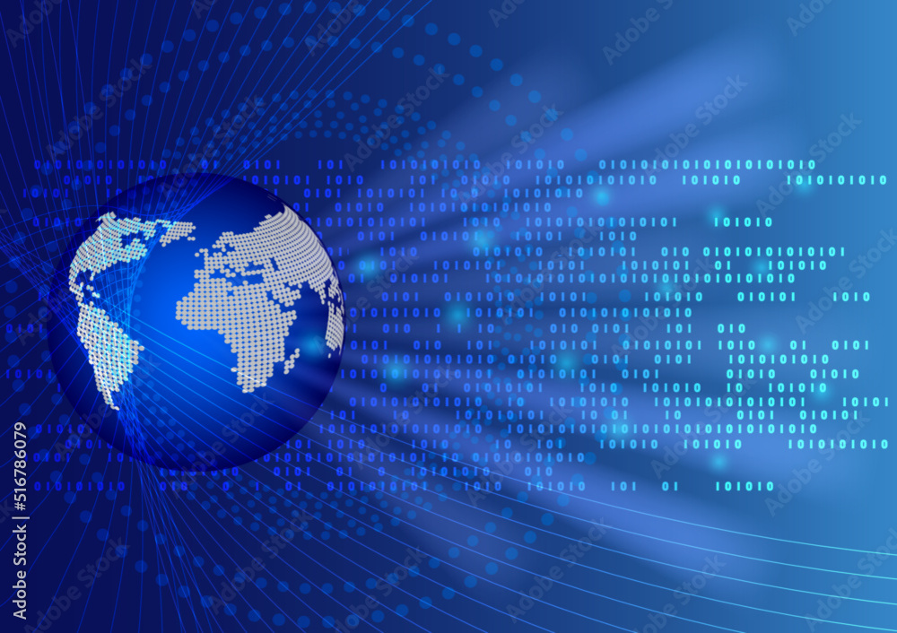 Poster globe on wireframe and dots and digital code, technology background.