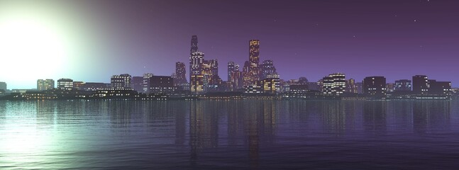 Fototapeta na wymiar City at sunrise in the rays of the sun, skyscrapers in the morning in the rays of light, 3d rendering