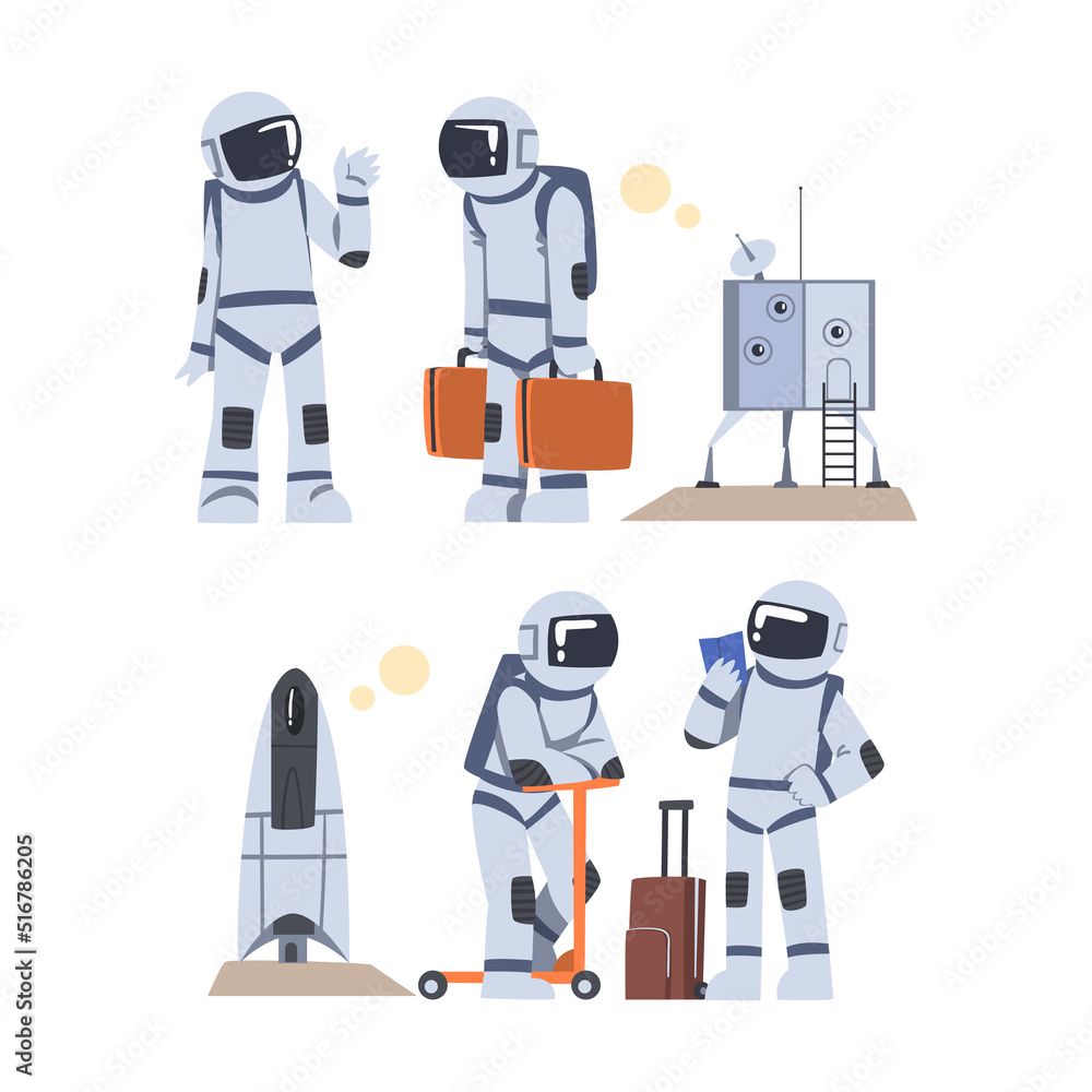 Aufkleber man astronaut character in outer space in spacesuit waving hand and riding scooter vector set