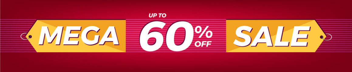 60% off. Horizontal red banner. Advertising for Mega Sale. Up to sixty percent discount for promotions and offers.