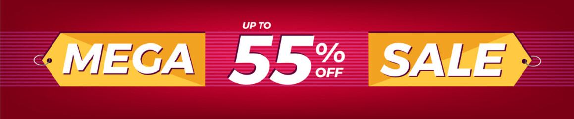 55% off. Horizontal red banner. Advertising for Mega Sale. Up to fifty-five percent discount for promotions and offers.