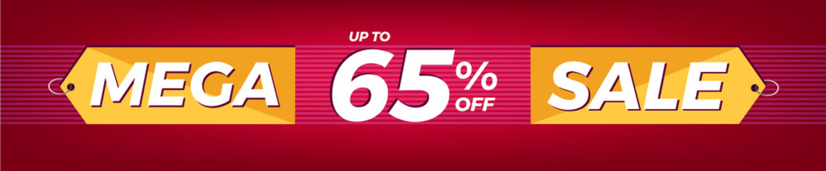 65% off. Horizontal red banner. Advertising for Mega Sale. Up to sixty-five percent discount for promotions and offers.