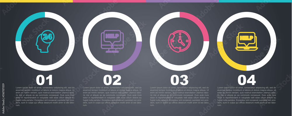 Poster set line support operator in touch, computer monitor and help, telephone 24 hours support and laptop