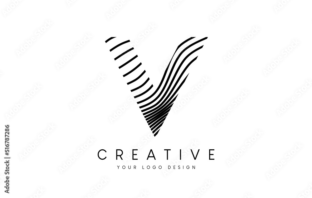 Poster Warp Zebra Lines Letter V logo Design with Black and White Lines and Creative Icon Vector