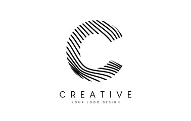 Warp Zebra Lines Letter C logo Design with Black and White Lines and Creative Icon Vector