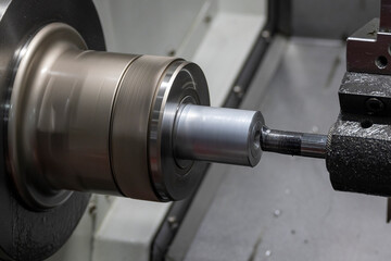 Closeup scene the lathe machine bore cutting the metal parts by lathe tools.