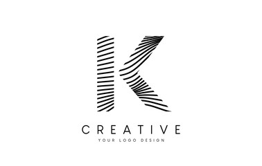 Warp Zebra Lines Letter K logo Design with Black and White Lines and Creative Icon Vector