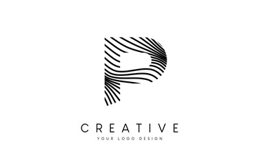 Warp Zebra Lines Letter P logo Design with Black and White Lines and Creative Icon Vector