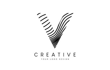 Warp Zebra Lines Letter V logo Design with Black and White Lines and Creative Icon Vector © twindesigner