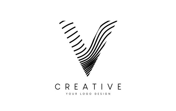 Warp Zebra Lines Letter V logo Design with Black and White Lines and Creative Icon Vector