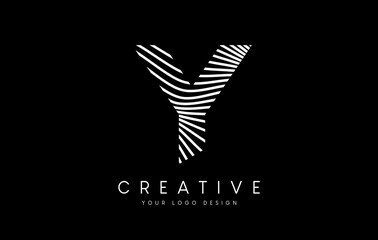 Warp Zebra Lines Letter Y logo Design with Black and White Lines and Creative Icon Vector