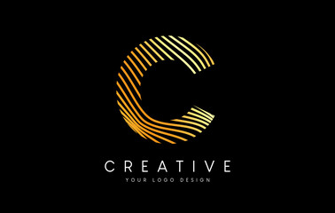 Warp Zebra Lines Letter C logo Design with Golden Lines and Creative Icon Vector
