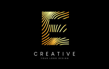 Warp Zebra Lines Letter E logo Design with Golden Lines and Creative Icon Vector