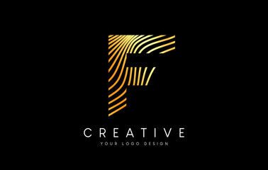 Warp Zebra Lines Letter F logo Design with Golden Lines and Creative Icon Vector