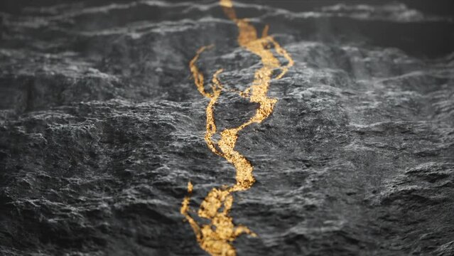 Shiny gold vein in the solid rock. Expensive noble metal. Golden ore. Render CGI