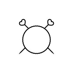 Knitting needles with hearts and a abstract big ball of thread. Simple minimal logo design. Vector illustration on white background.