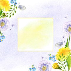 watercolour summer background with dandelion, butterfly, blowball, seed, hand drawn sketch, spase for text