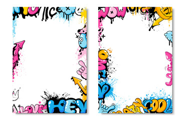 Colorful cute graffiti frame, poster or poster layout, art covers. Graphic set of street art with tags and graffiti with effect. A collection of street art background images. Vector illustration © ZinetroN