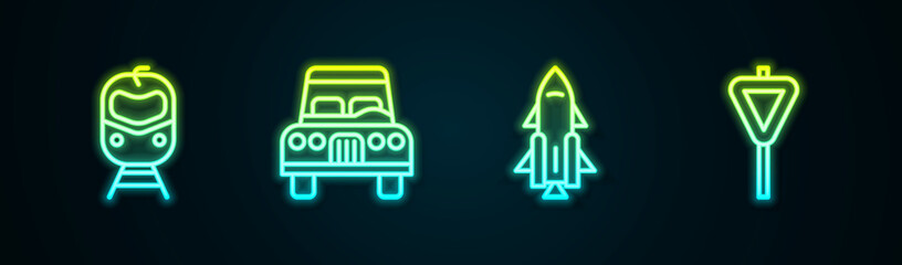 Set line Train and railway, Car, Rocket ship with fire and Road traffic signpost. Glowing neon icon. Vector