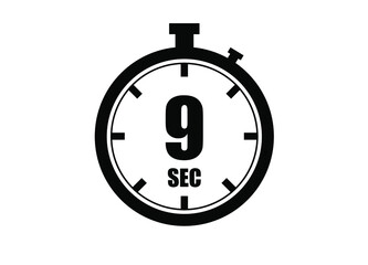 9 Seconds timers clock. Time measure. Chronometer vector icon black isolated on white background.