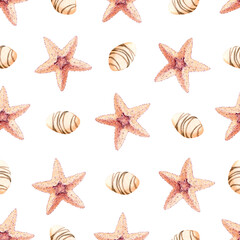 Watercolor seamless pattern of starfish. Marine surface design.