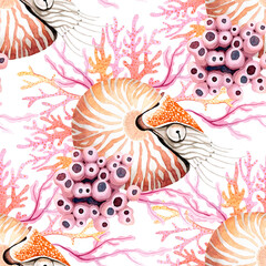 Watercolor seamless pattern of nautilus and corals. Marine surface design.