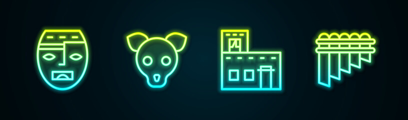 Set line Aztec mask, Dog, Mexican house and Pan flute. Glowing neon icon. Vector