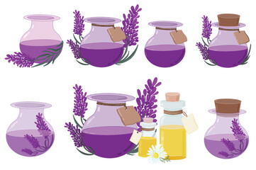 set of glass vessels for essential oils with lavender flowers illustration