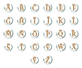 Royal letters with crown, wreath and snake, name monogram. Elegant brand name initials logo design