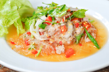 spicy salad or noodles salad, Thai spicy salad or vermicelli and minced pork salad